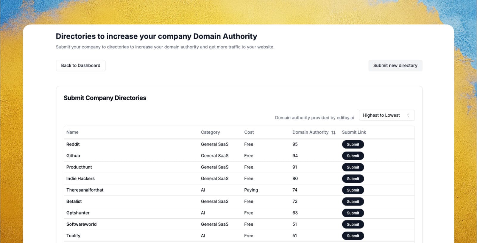 A screenshot of the seolink directories to submit your website to and get a DA boost