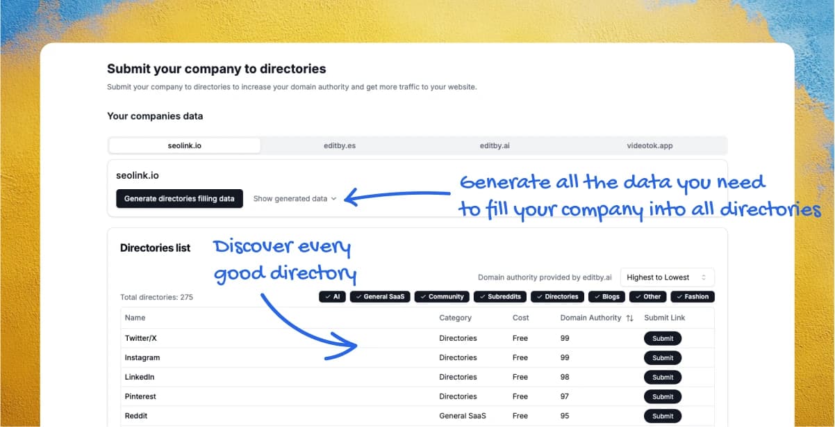 A screenshot of the seolink directories to submit your website to and get a DA boost